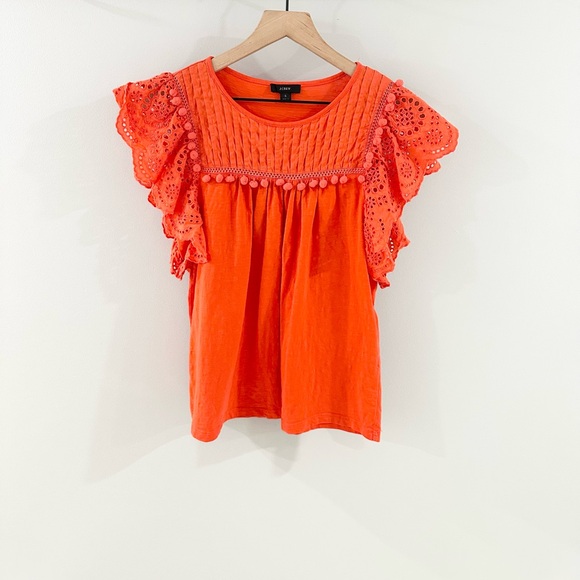 J. Crew Flutter Sleeve Eyelet Pom Pom Blouse Orange Size Small - Picture 2 of 6